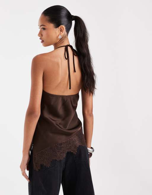 Kiss the Sky lace halterneck with asymmetric hem in chocolate, 3 of 4