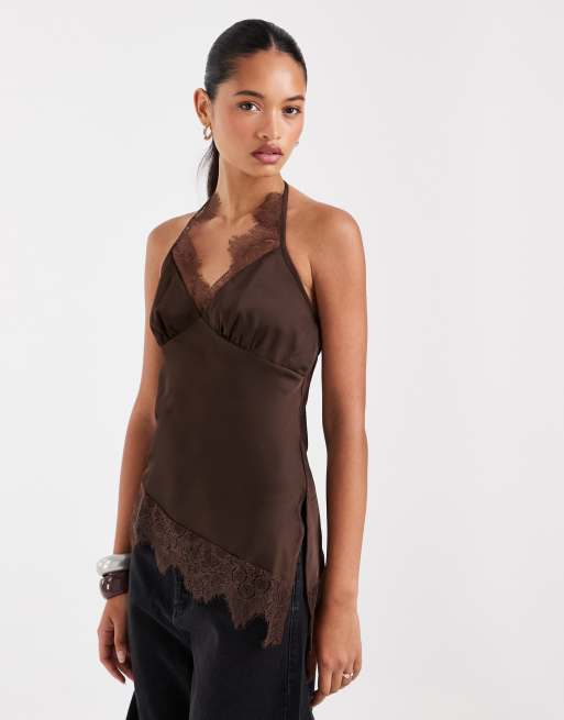 Kiss the Sky lace halterneck with asymmetric hem in chocolate, 4 of 4