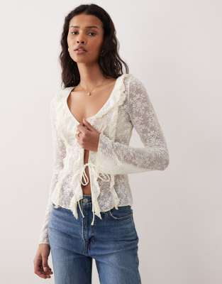 Kiss The Sky Lola Long Sleeve Frilly Tie Up Top In Multi