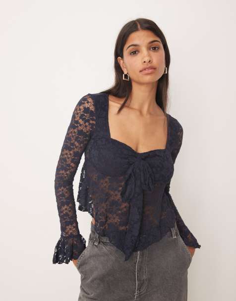 Kiss The Sky long sleeve balloon lace top in navy - view 1