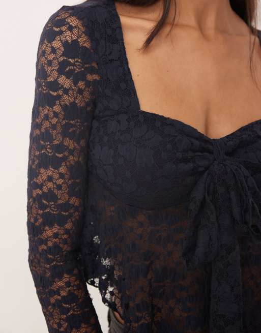 Kiss The Sky long sleeve balloon lace top in navy, 2 of 4