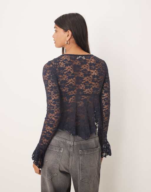 Kiss The Sky long sleeve balloon lace top in navy, 3 of 4