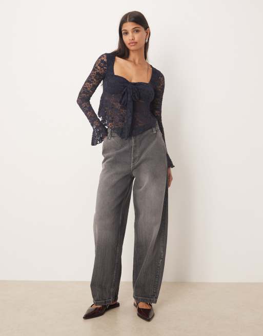 Kiss The Sky long sleeve balloon lace top in navy, 4 of 4