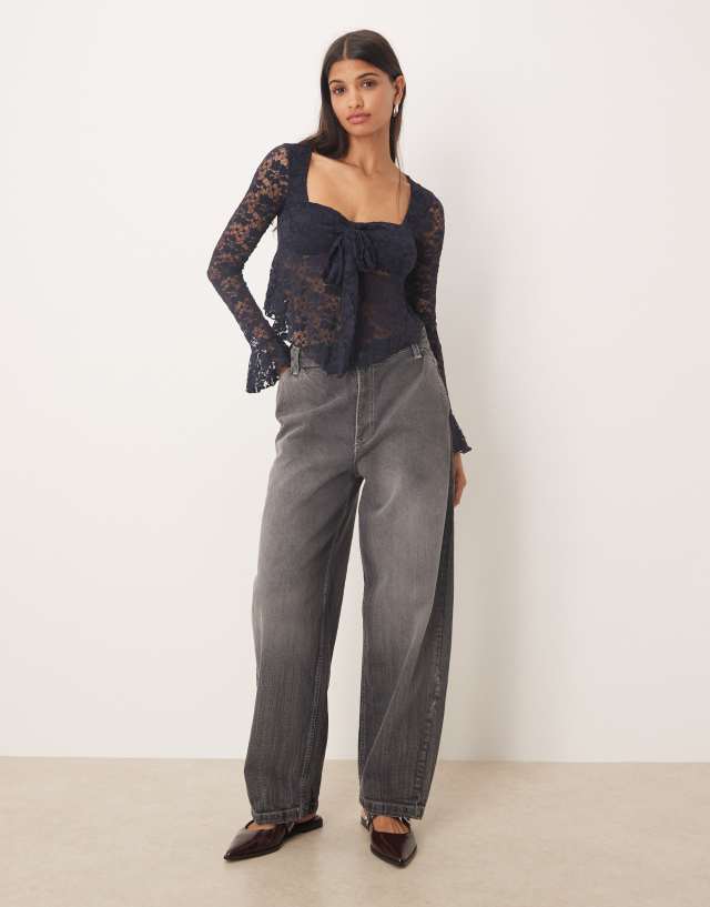 Kiss The Sky long sleeve balloon lace top in navy | ASOS