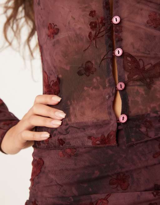 Kiss The Sky long sleeve button up laced co-ord top in cherry lacquer, 3 of 4