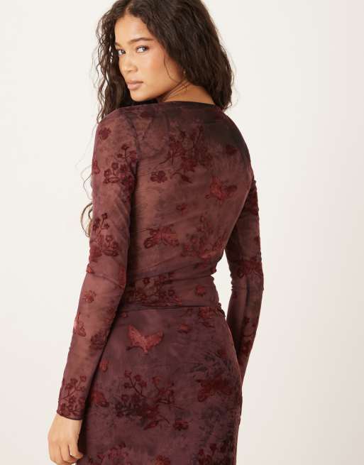 Kiss The Sky long sleeve button up laced co-ord top in cherry lacquer, 4 of 4