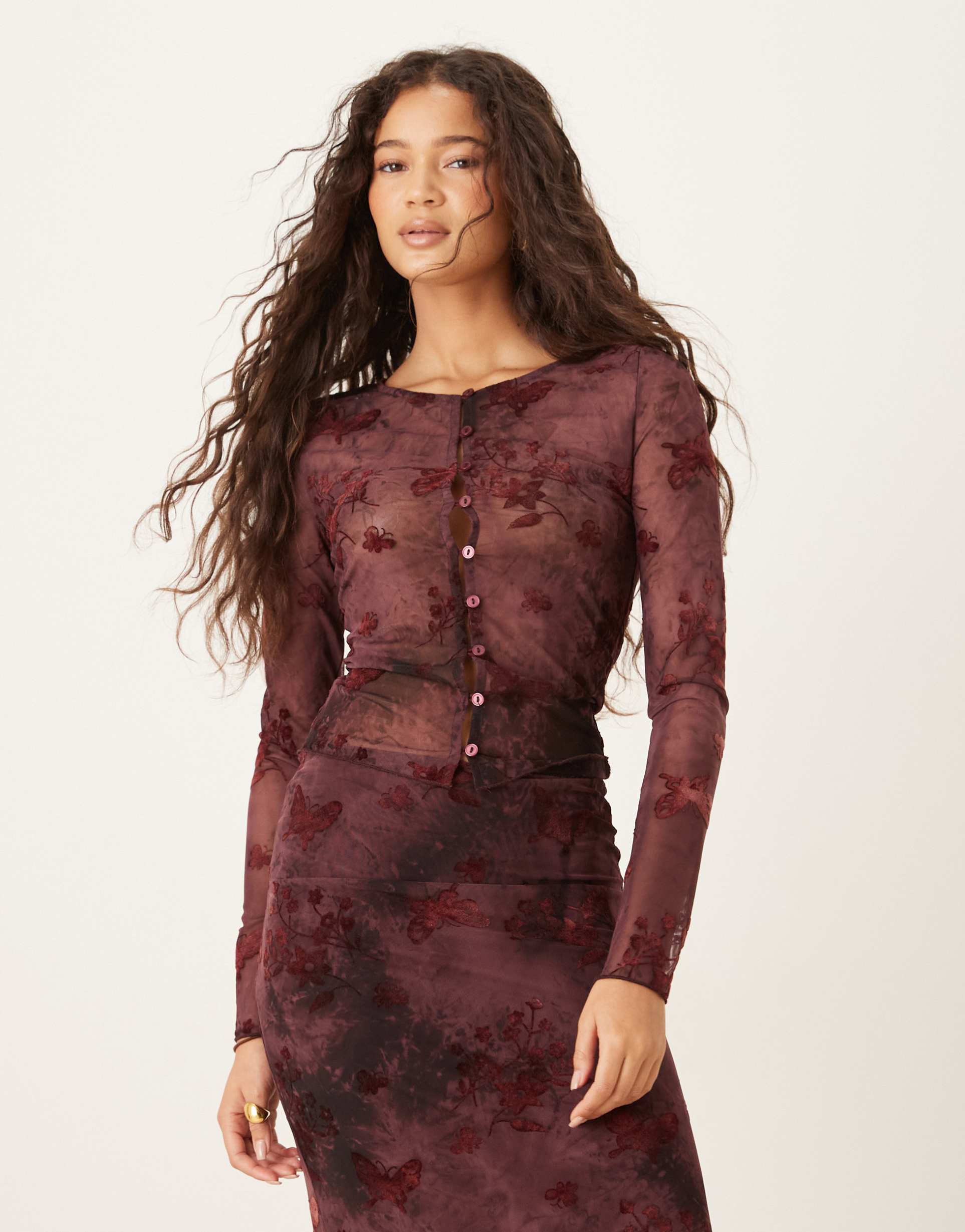 kiss the sky long sleeve button up laced top in cherry lacquer - part of a set