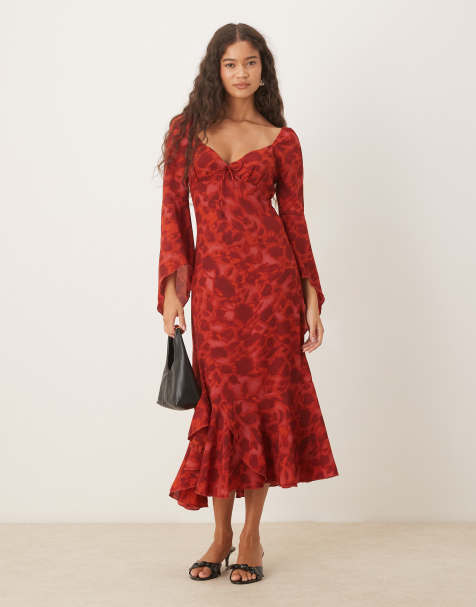 Kiss The Sky long sleeve flippy hem midaxi dress in red floral - view 1