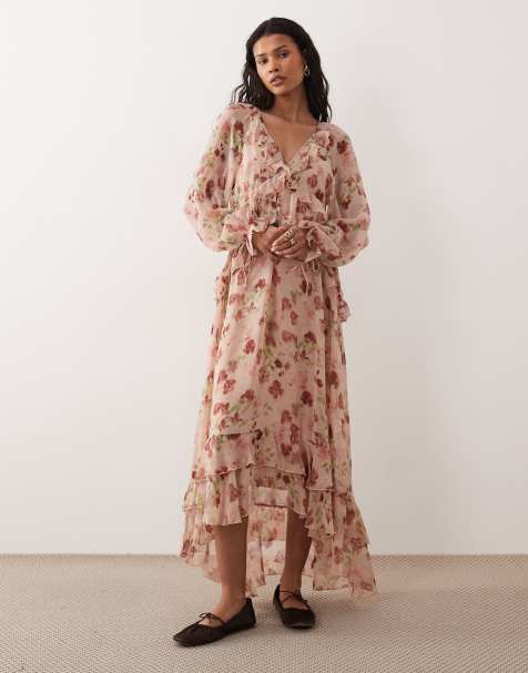 Kiss The Sky long sleeve floaty tiered midaxi dress in pink floral - view 1