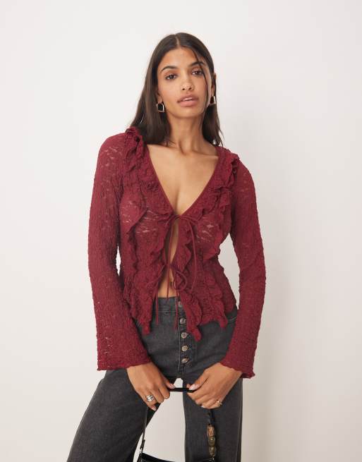 Kiss The Sky long sleeve lace tie up top in burgundy | ASOS