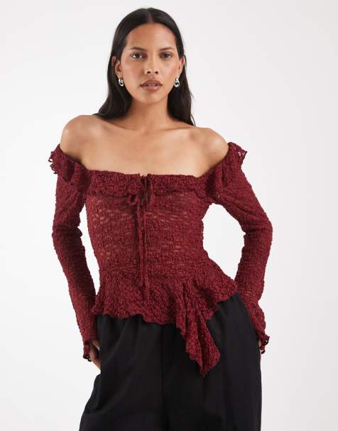 Kiss the Sky long sleeve ruffle lace asymmetric hem top in burgundy - view 1