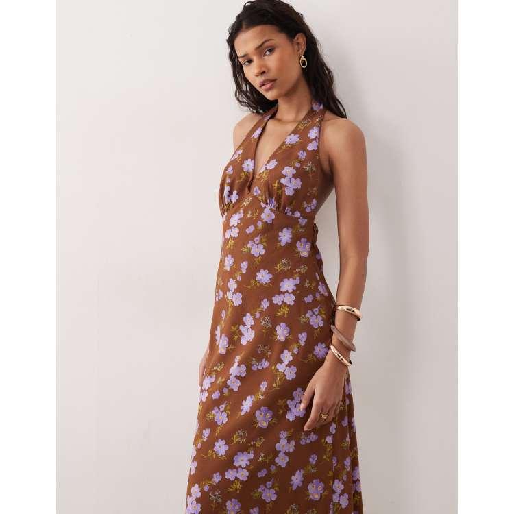 Kiss The Sky low back halter neck maxi dress in brown lilac floral | ASOS