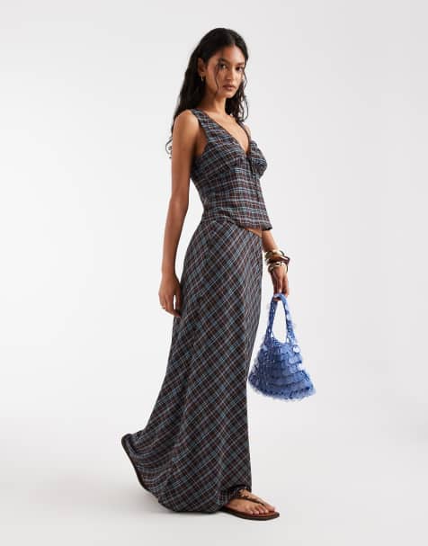 Kiss the Sky low rise maxi slip skirt in blue plaid - part of a set - view 1