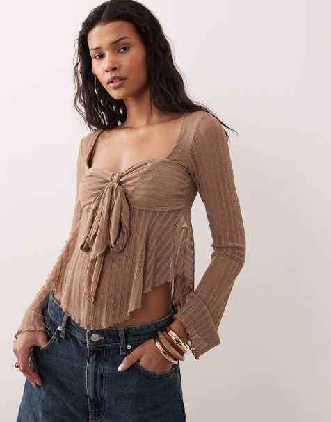 Kiss The Sky Luna long sleeve tie detail floaty top in chocolate brown - view 1
