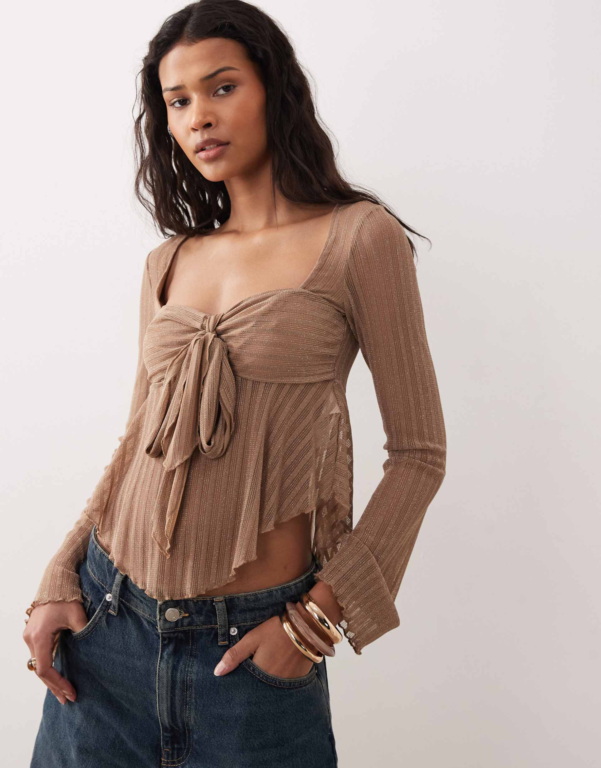 kiss the sky luna long sleeve tie detail floaty top in chocolate brown