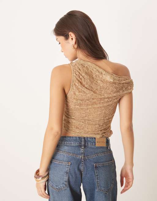Kiss The Sky - Lysebrun offshoulder-top i blondemateriale med rynker, 4 af 4