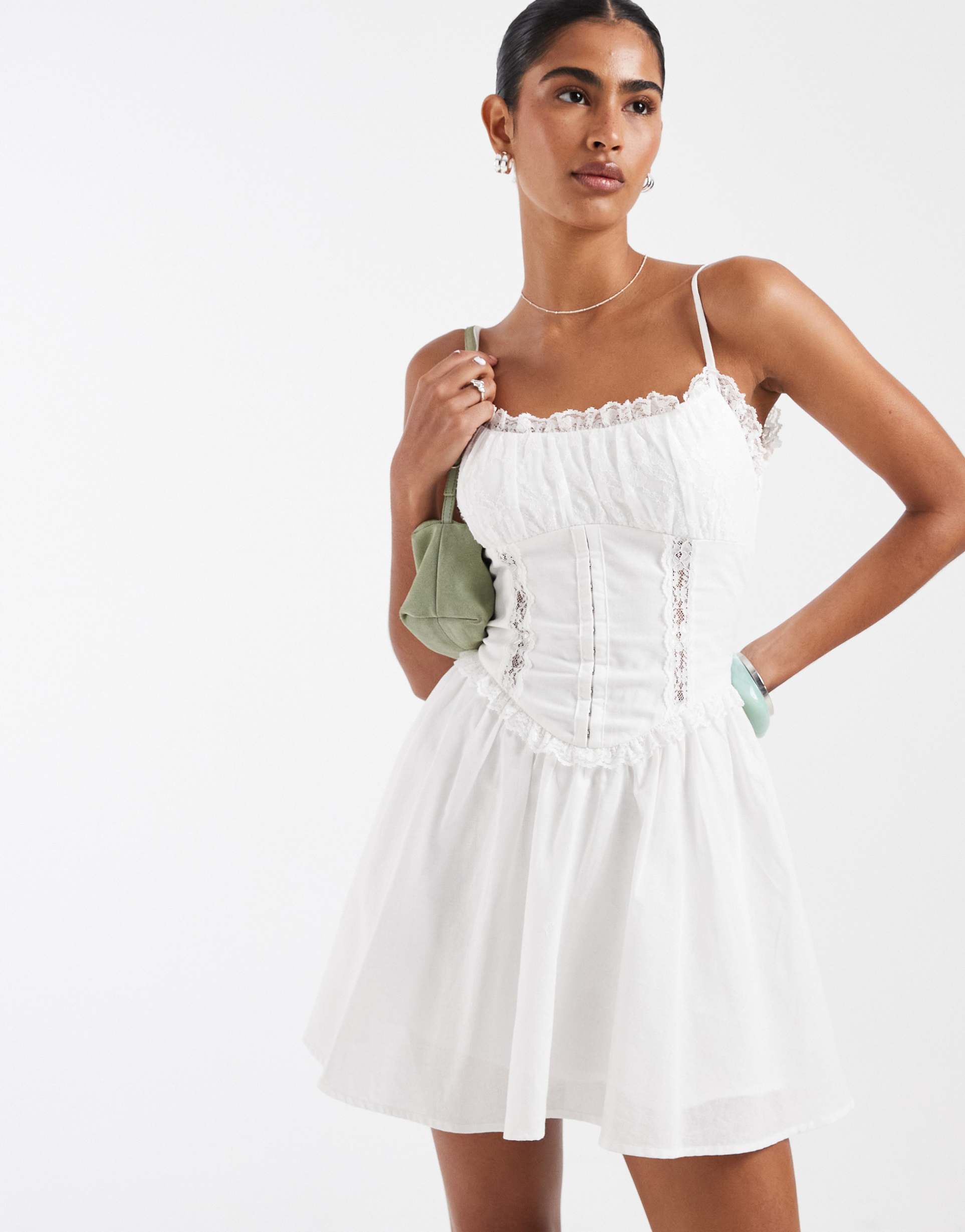 kiss the sky maisie corseted frill trim mini dress in white