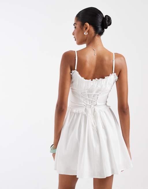 Kiss The Sky Maisie corseted frill trim mini dress in white | ASOS
