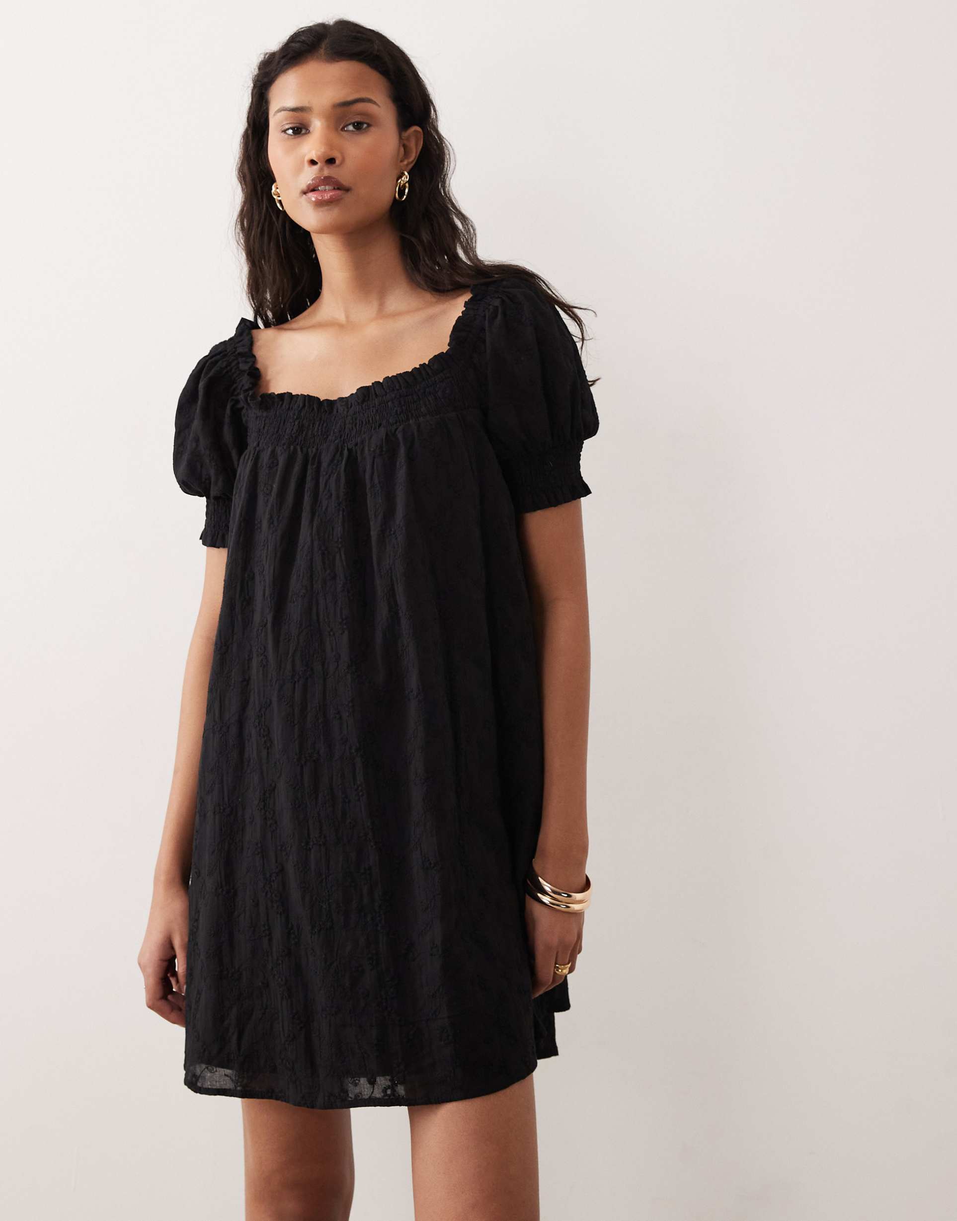 kiss the sky malta short sleeve eyelet babydoll mini dress in black