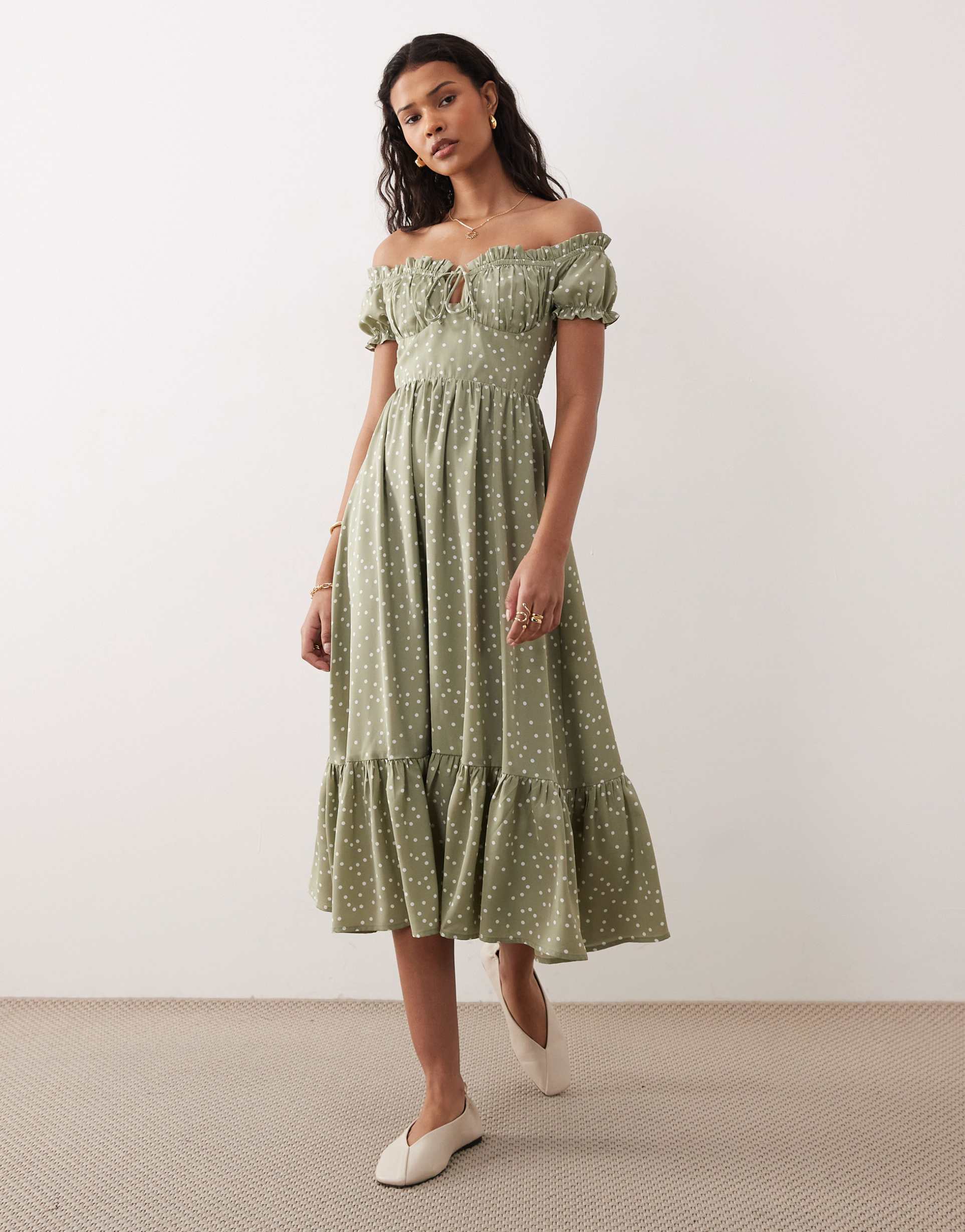 kiss the sky marabella midaxi polka dot dress in sage