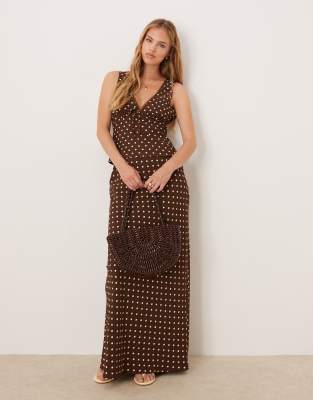 Kiss The Sky Kiss The Sky maxi slip skirt in brown polka dot