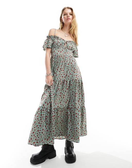 Kiss The Sky - Maxi smockjurk met blote schouders, stroken en fijne bloemenprint in blauwgroen