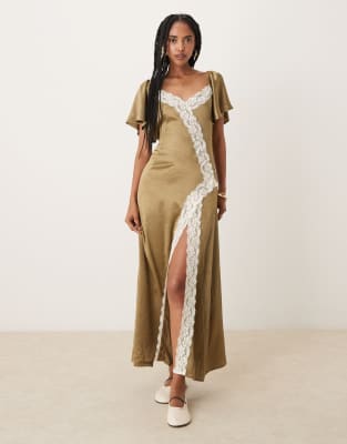 Kiss The Sky - - Midaxi-Kleid aus Satin in Olivgrün mit Spitzeneinsatz