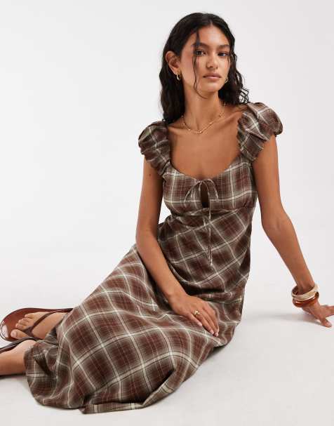 Kiss the Sky milkmaid maxi dress with puff sleeves and keyhole detailing in mocha check - view 1
