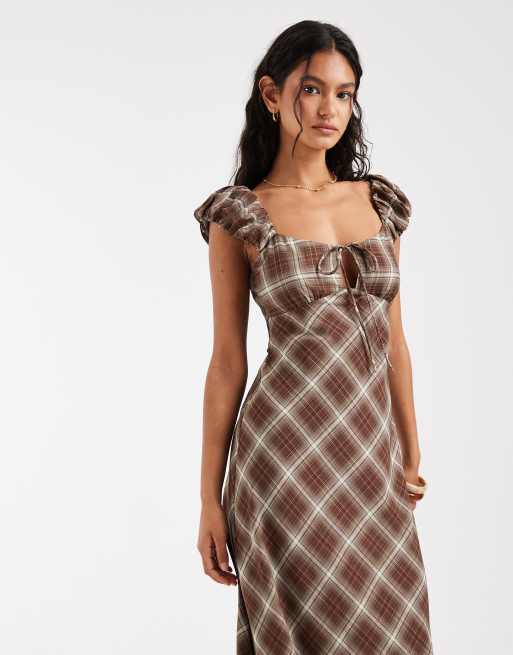 formal milkmaid dress Kiss the Sky maxi with puff sleeves and keyhole detailing in mocha plaid 2MetaRelated:Seafoam Linen*alexander-in-seafoam-linen-shirt