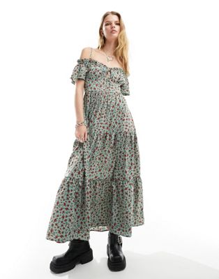 Kiss The Sky off-shoulder ditsy floral tiered maxi smock dress in teal