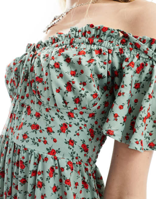 Kiss The Sky off-shoulder ditsy floral tiered maxi smock dress in teal |  ASOS