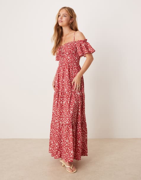 Kiss The Sky off-shoulder ditsy floral tiered midi dress in red - view 1