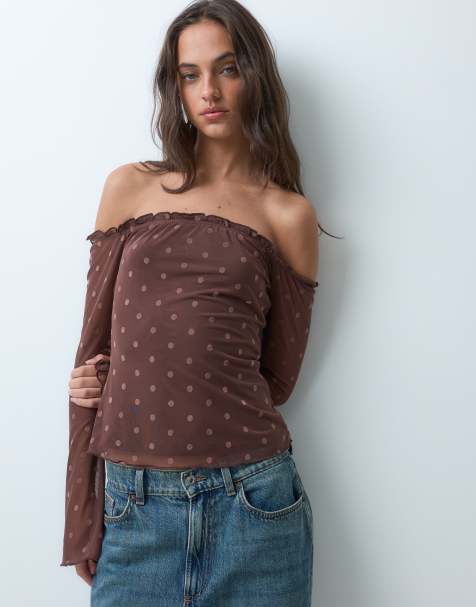 Kiss The Sky off shoulder long sleeve burnout polka dot top in brown