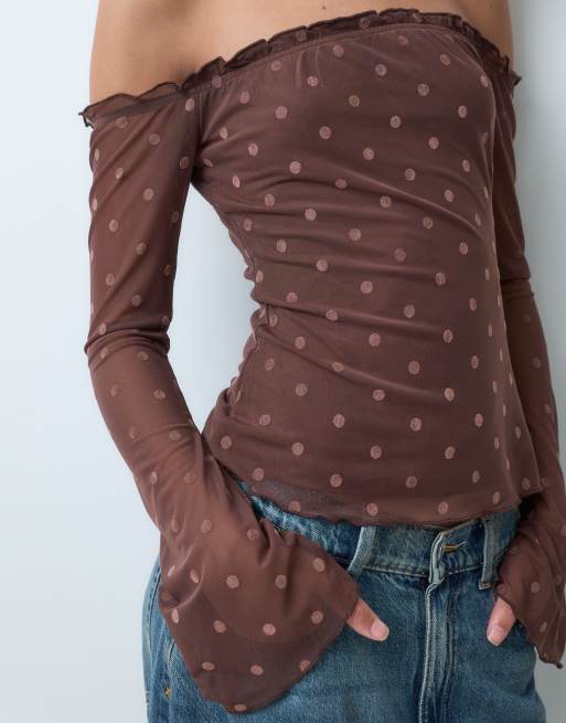 Kiss The Sky off shoulder long sleeve burnout polka dot top in brown, 2 of 5