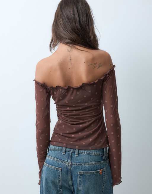 Kiss The Sky off shoulder long sleeve burnout polka dot top in brown, 3 of 5