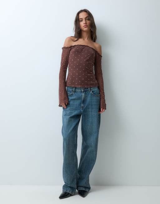 Kiss The Sky off shoulder long sleeve burnout polka dot top in brown, 4 of 5