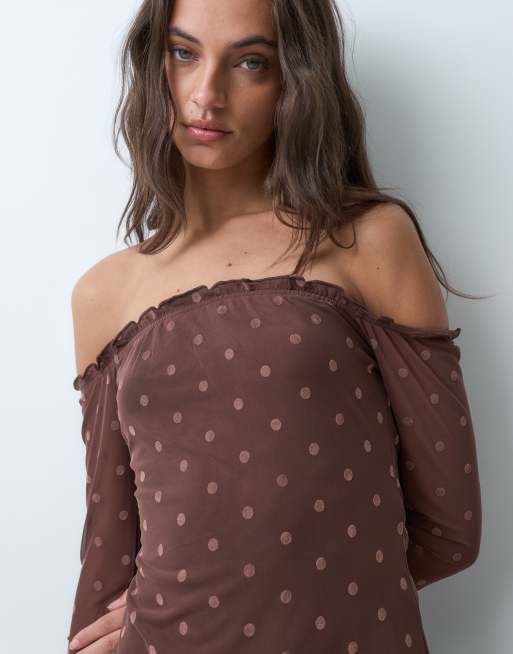 Kiss The Sky off shoulder long sleeve burnout polka dot top in brown, 5 of 5