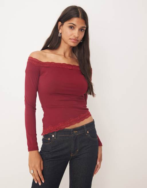 Kiss The Sky off-shoulder long sleeve top with lace detail in burgundy