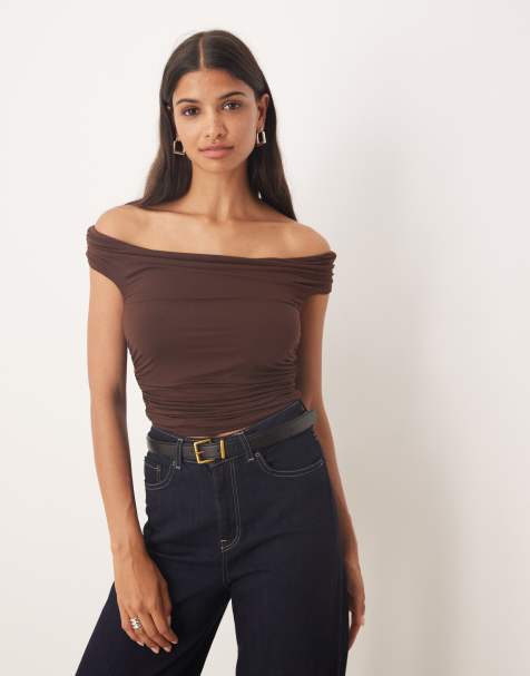 Kiss The Sky off-shoulder ruched top in espresso - view 1