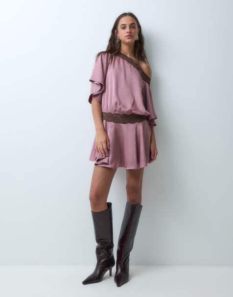 Kiss The Sky off shoulder satin mini dress with lace detailing in pink - view 1