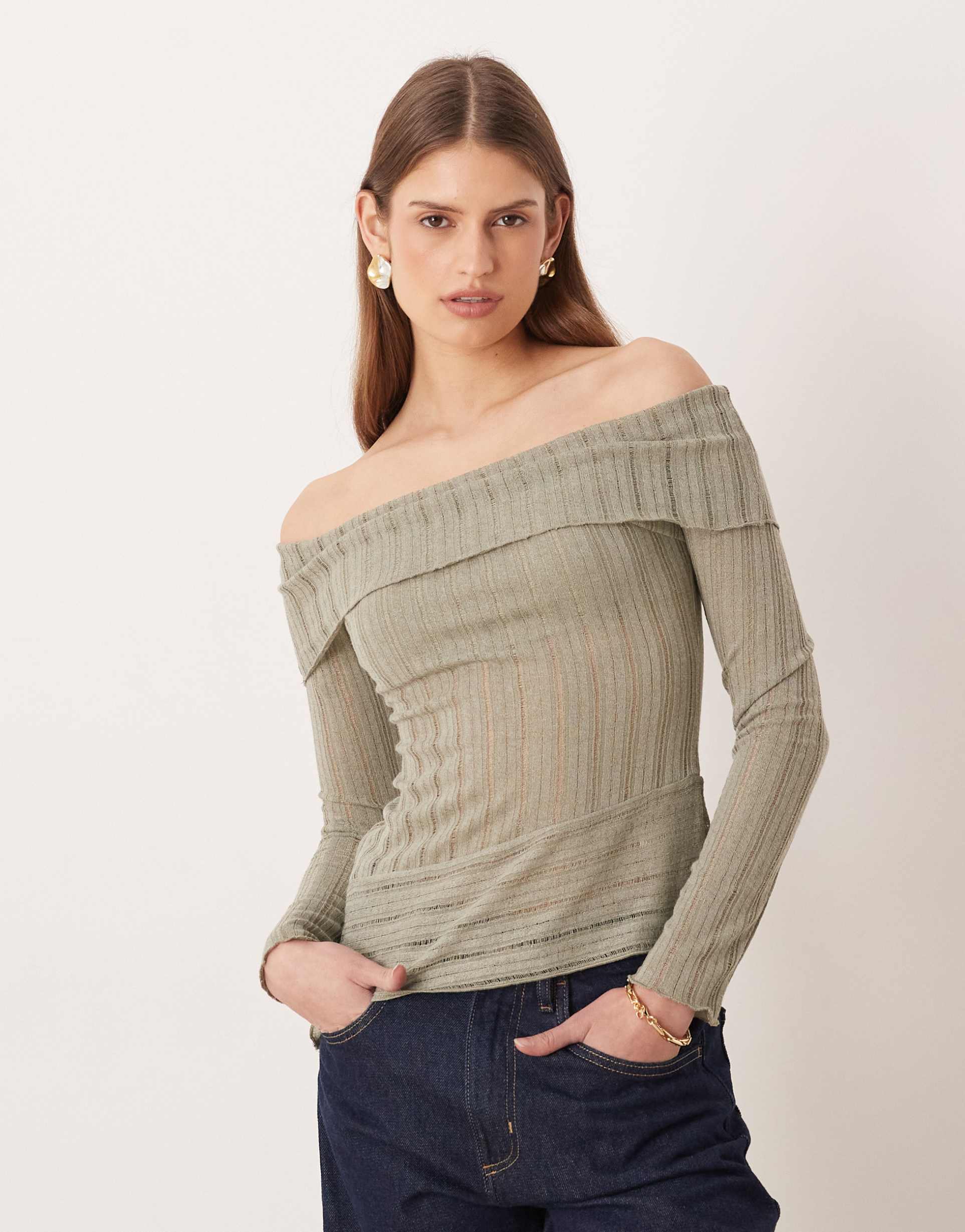 kiss the sky off the shoulder long sleeve fine knit top in sage green