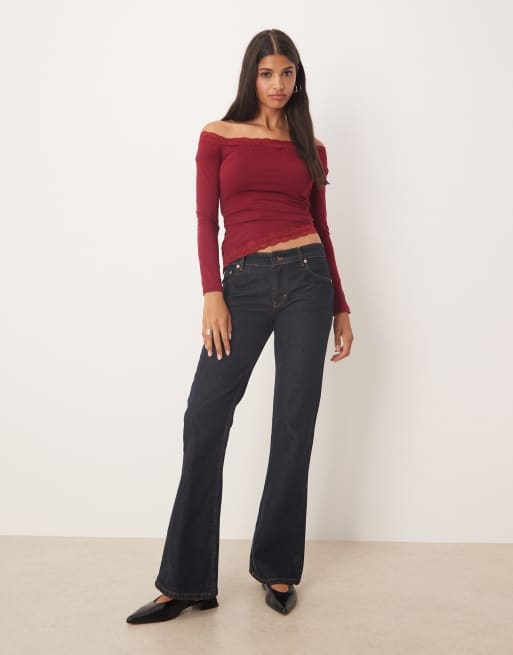 Kiss The Sky off the shoulder long sleeve top with lace detail in burgundy, 3 of 4