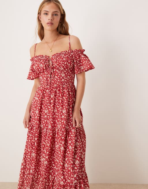 Kiss The Sky off the shoulder micro floral tiered midi dress in red | ASOS
