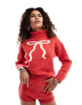 [Kiss The Sky] Kiss The Sky open back turtleneck jumper with bow in red-Multi L RED CREAM