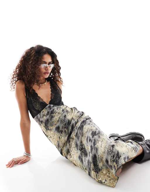 Kiss The Sky plunge neck midaxi dress in lace and snake ASOS