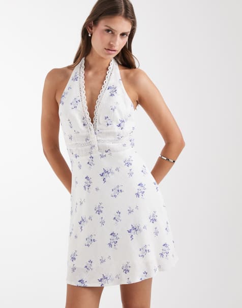 Kiss The Sky Positano linen mix floral print mini dress in white and blue - view 1