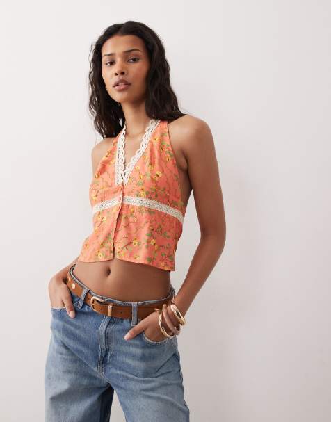 Kiss The Sky Positano printed lace edge halter top in red floral - view 1