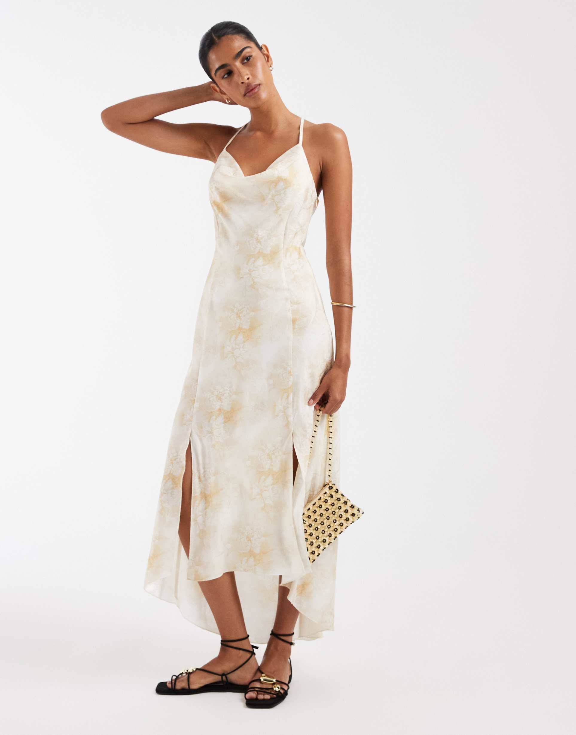 kiss the sky retro botanica printed satin jacquard midaxi dress in butter lemon