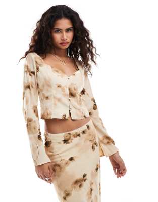 Kiss The Sky Retro Flower Print Long Sleeve Blouse In Yellow