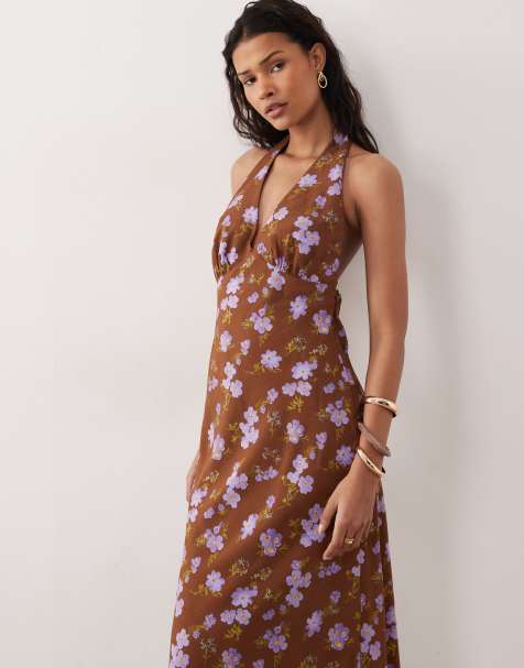 Kiss The Sky - Robe longue à imprimé fleuri avec dos nu échancré - Marron/lilas - view 1